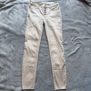 Free People High-Waisted Beige Skinny Jeans Size 26 With Button Fly & Raw Hem